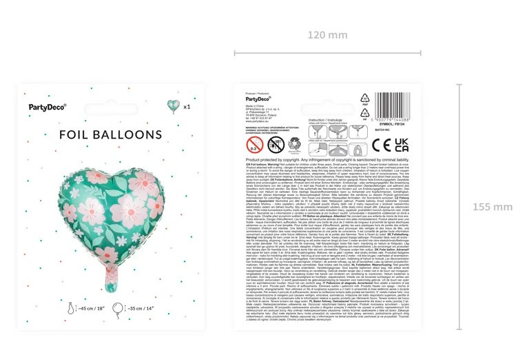 Balon foliowy Serce w kwiaty 45cm FB124 PartyDeco